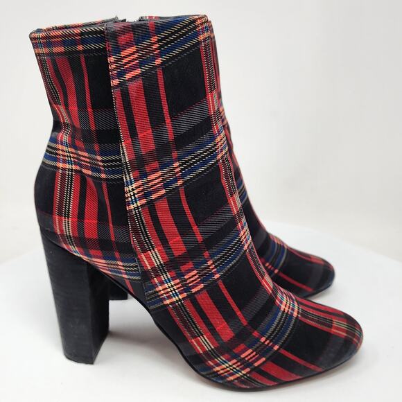 J. Renee Barbet Heeled Booties Women 8M Plaid Red Black Blue Block Heel Side Zip - Picture 2 of 12